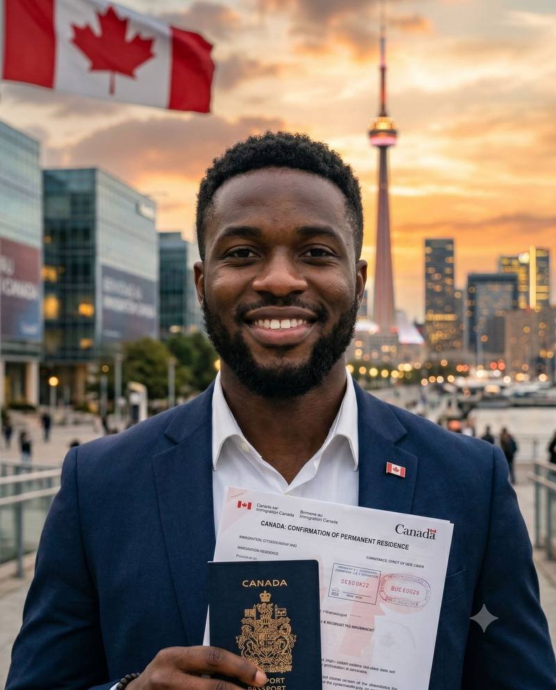 Client holding Confirmation of Permanent Residence in Toronto