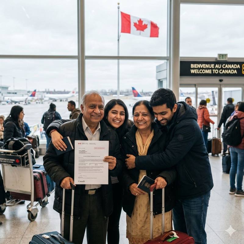 Family celebrating their arrival in Canada