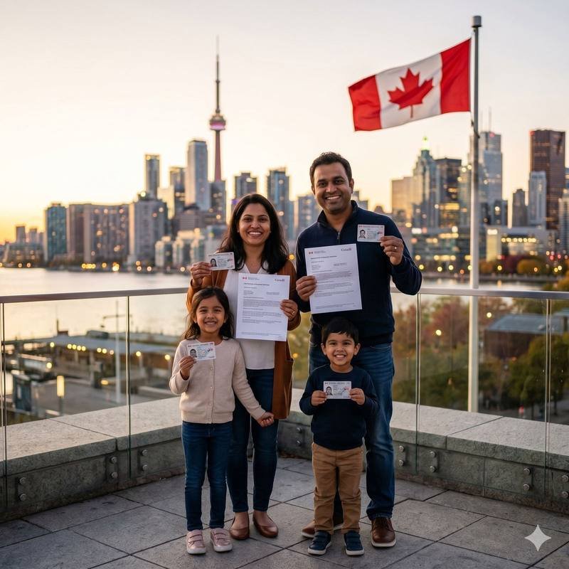 A family celebrating their Canadian permanent residency approval
