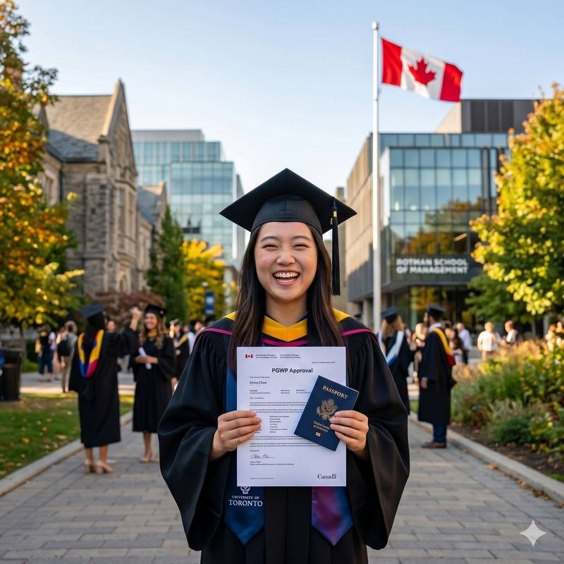 Graduate holding a diploma on a Canadian campus