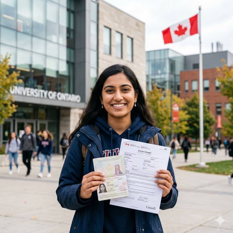 International student holding a Canadian study permit on campus