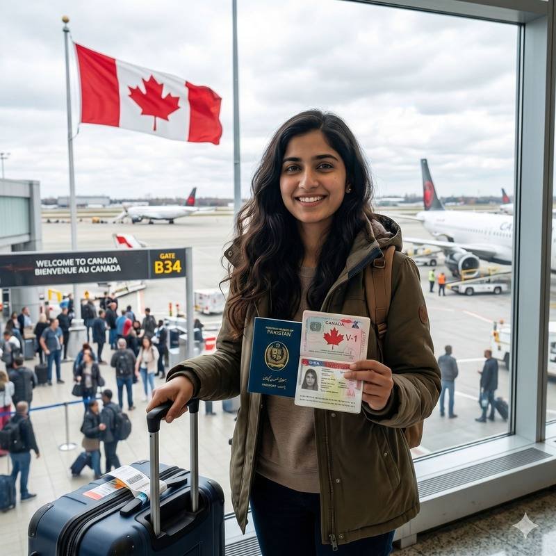 Visitor at the airport with Canadian travel documents