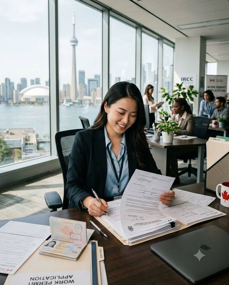 Professional signing a Canadian work permit application